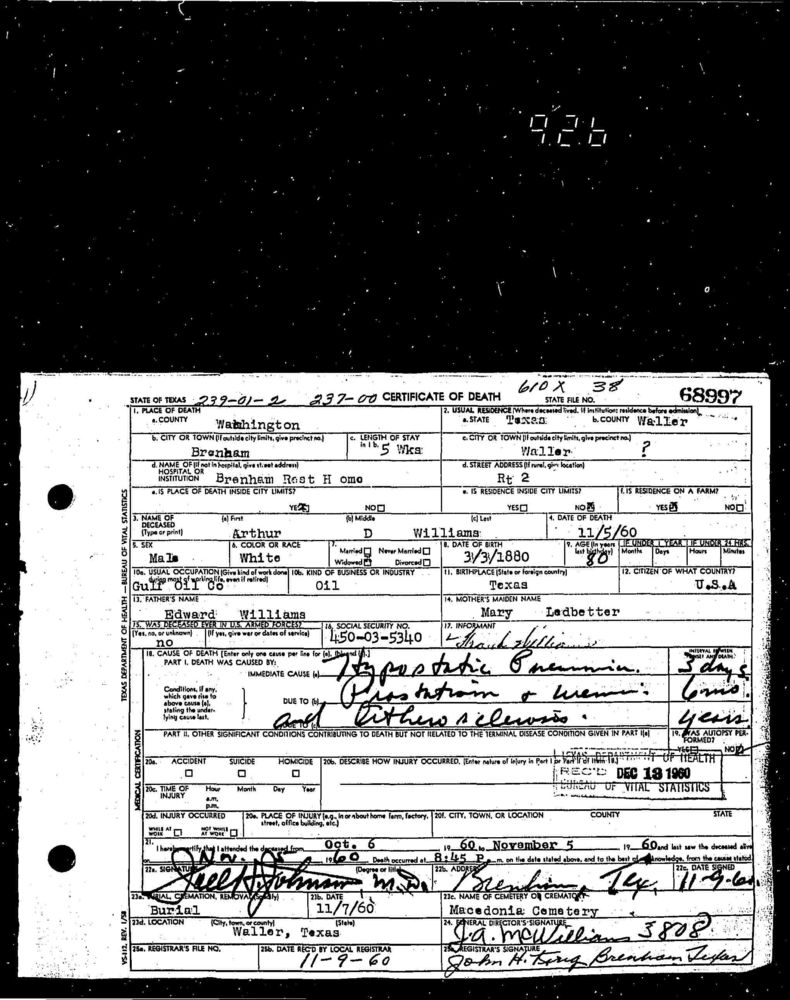 WilliamsArthurDDeathCert